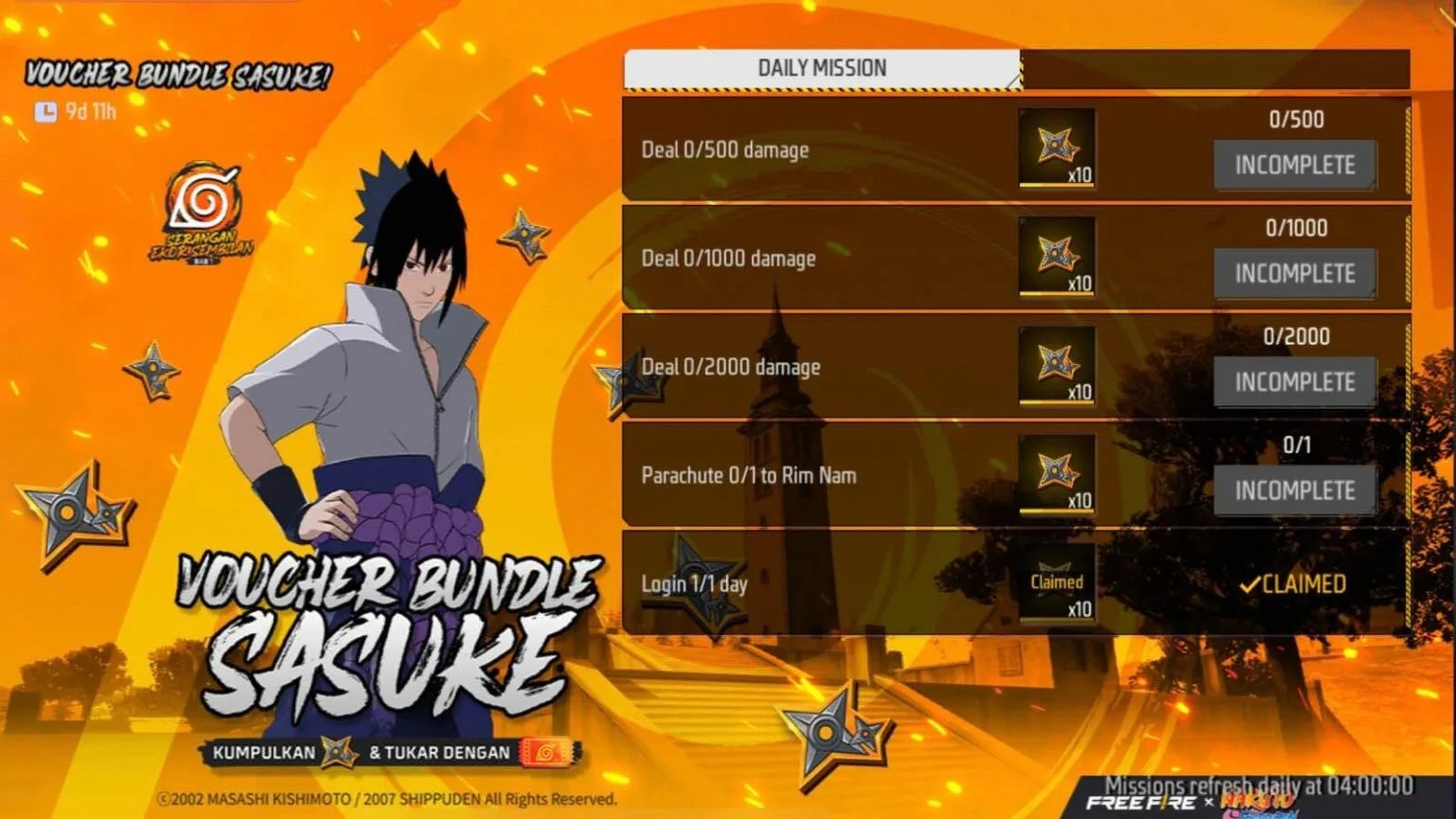Cara Mendapatkan Bundle Sasuke Free Fire x Naruto Gratis