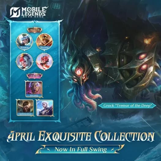 Event Exquisite Collection April MLBB Resmi Dimulai! Diskon Skin Collector Grock dan Banyak Skin Langka Kembali